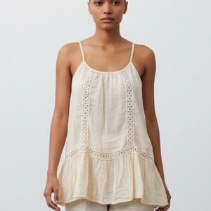 Boho Cream Eyelet Crochet Cami Mini Dress Tiered Ruffle Large ethereal coastal